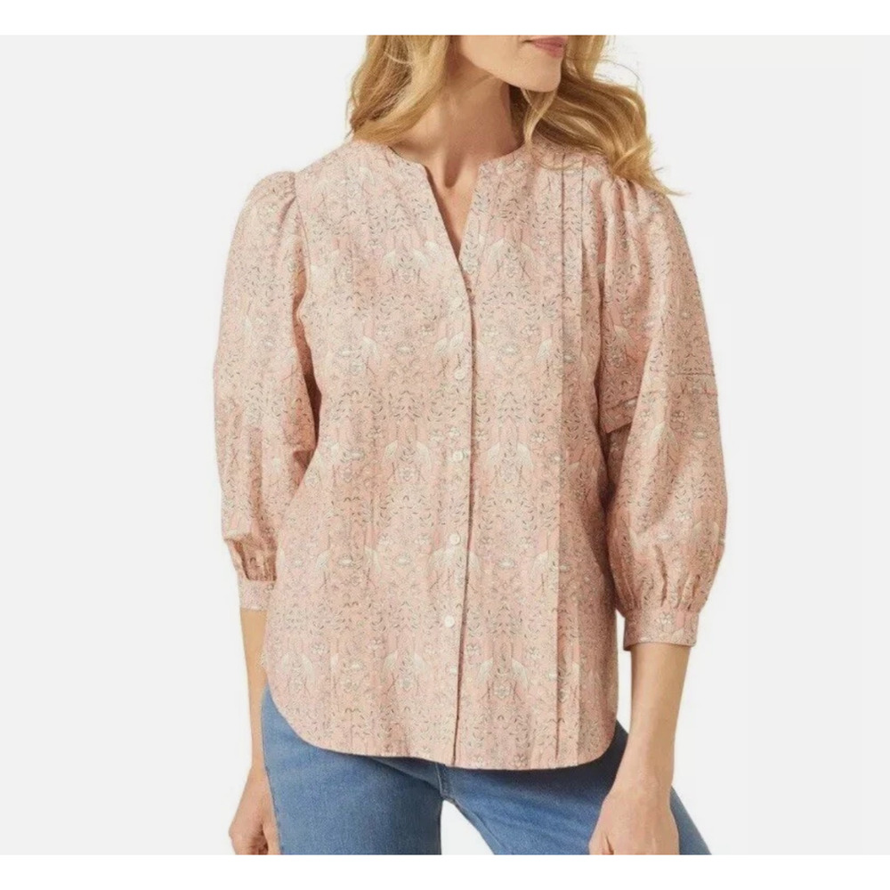 J.Mclaughlin Laramie Blouse Women's XLarge Pink Bird Floral Silk Blend 3/4 Puff